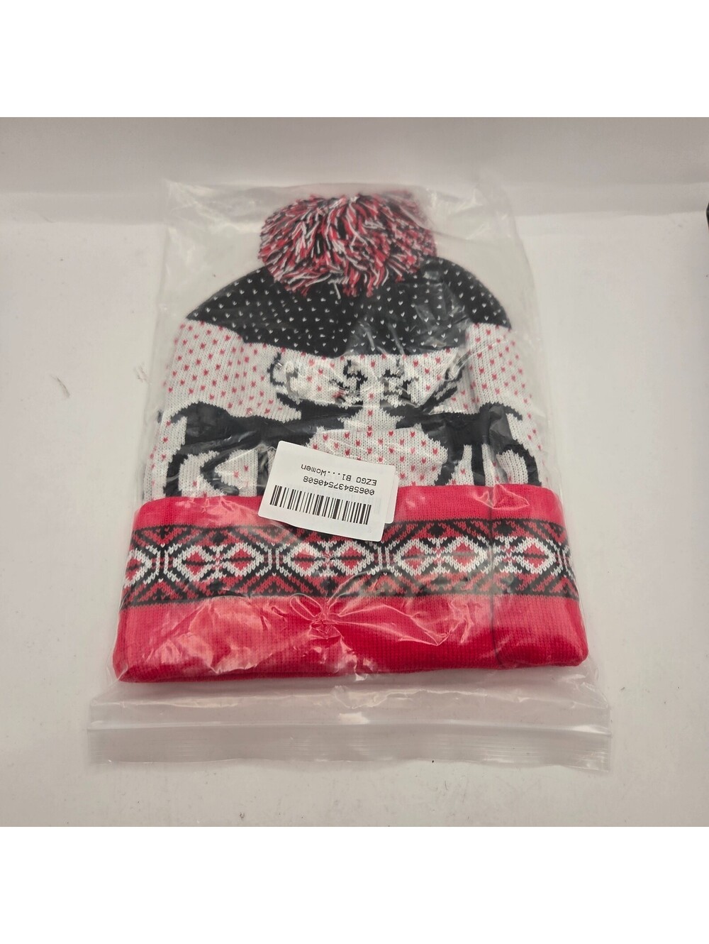 Women’s Reindeer Christmas Knit Beanie Pom Pom Red Black White Winter Hat New